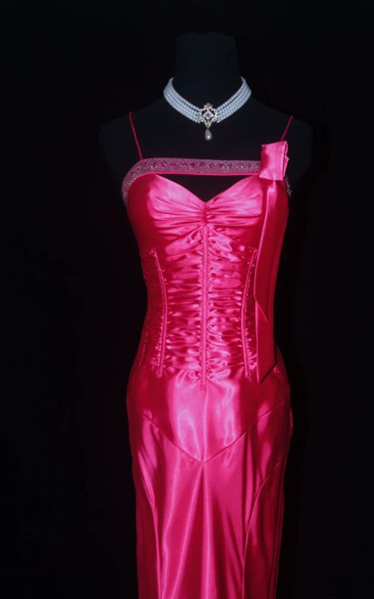 Classy Spaghetti Straps Hot Pink Satin Beaded Mermaid Long Party Gown Prom Dress SP366