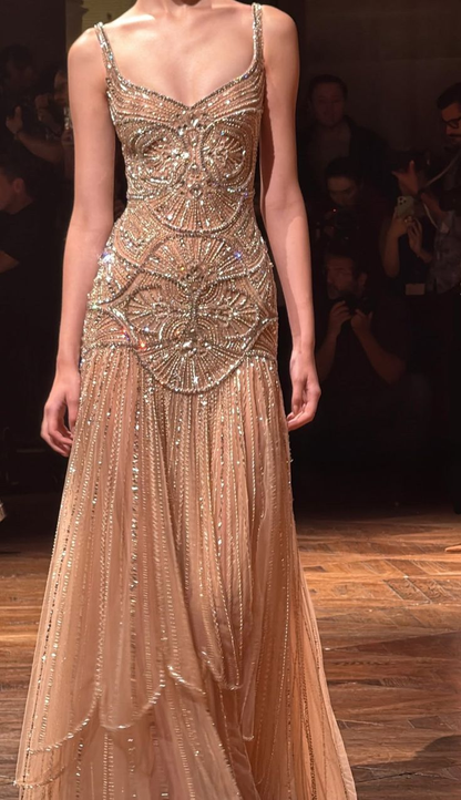 Luxurious Spaghetti Straps Champagne Tulle Beaded Mermaid Evening Dress Formal Prom Dress SP550