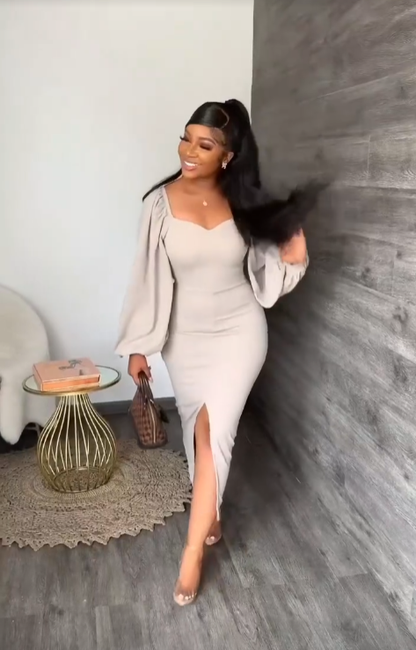 Casual Solid Slit Long Sleeve Dress,Simple Prom Dress Y6406