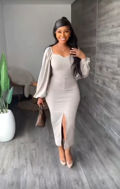 Casual Solid Slit Long Sleeve Dress,Simple Prom Dress Y6406