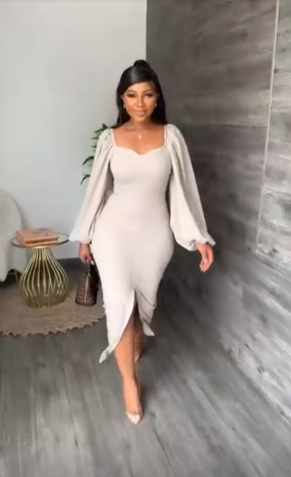 Casual Solid Slit Long Sleeve Dress,Simple Prom Dress Y6406