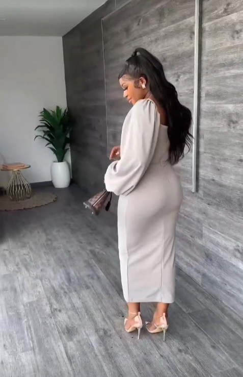 Casual Solid Slit Long Sleeve Dress,Simple Prom Dress Y6406