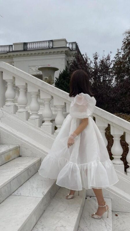 Retro Style Square Neckline A-line Prom Dress With Puff Sleeves  Y6869