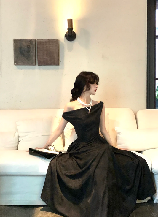 Sexy Off The Shoulder Satin Print Floral A Line Long Prom Dress Black Party Gown SP2066