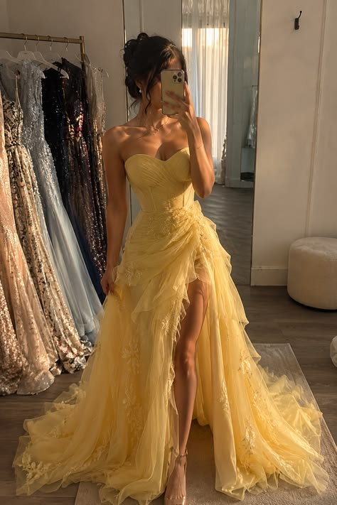 Elegant Sweetheart Neck Tulle Appliques Slit Mermaid Party Dress,Yellow Long Prom Gown SP2471