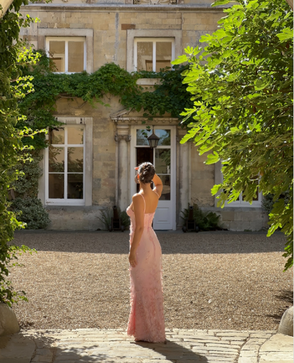 Classy Spaghetti Straps Satin Beaded Appliques Mermaid Party Dress Pink Slit Long Prom Gown SP1036