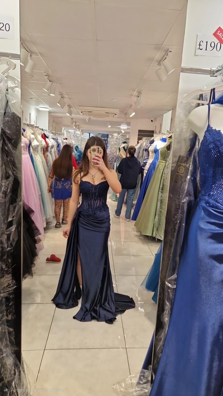 Charming Spaghetti Straps Satin Appliques Mermaid Slit Party Dress Navy Blue Birthday Evening Gown SP4260