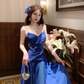 Unique Spaghetti Straps Royal Blue Pleated Satin Long Party Dress 19th Birthday Outfits SP2014