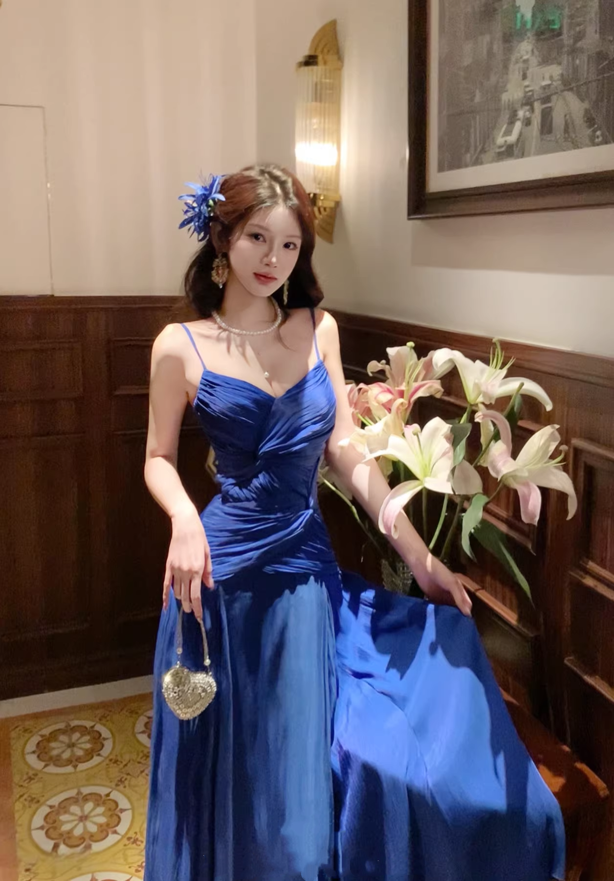 Unique Spaghetti Straps Royal Blue Pleated Satin Long Party Dress 19th Birthday Outfits SP2014