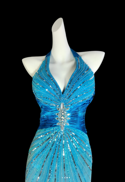 Chic Ombre Blue Halter Chiffon Sequin Beaded Slit Mermaid Party Dress Long Prom Gown SP416