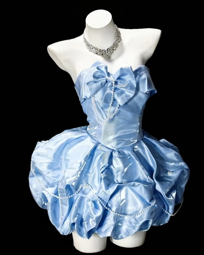 Charming Strapless Blue Satin Pleated Bow A Line Short Homecoming Dress Birthday Outfits SP3491