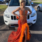 Beaded Sheath Formal Dresses With Slit Orange Shiny Sequins Evening Dress Y6514