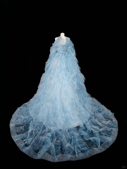 Dream Blue Tulle Beaded A Line Prom Dress,Long Evening Dress Y8691