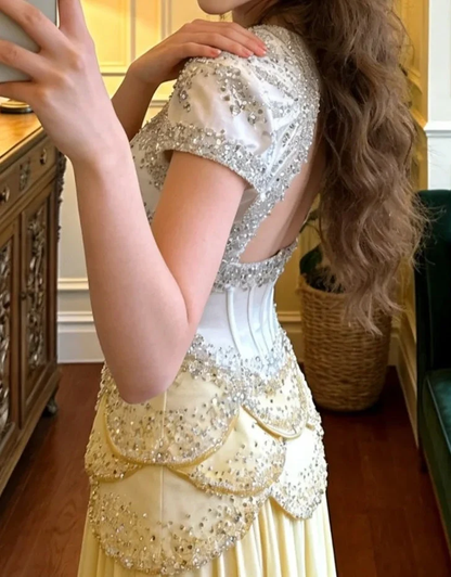 Gorgeous Yellow Chiffon Beading Pleated Long Party Dress Backless Long Birthday Prom Dress SP3864
