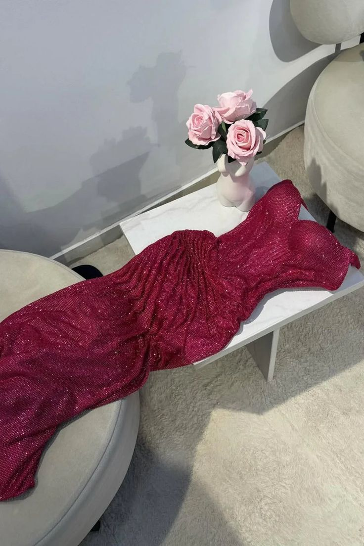 Gorgeous Hot Pink Spaghetti Straps Sequin Pleated Slit Mermaid Evening Dress Formal Prom Gown SP547