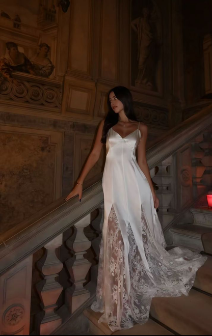 Classy Spaghetti Straps White V Neck Satin Lace Mermaid Party Dress Long Prom Dress SP1003