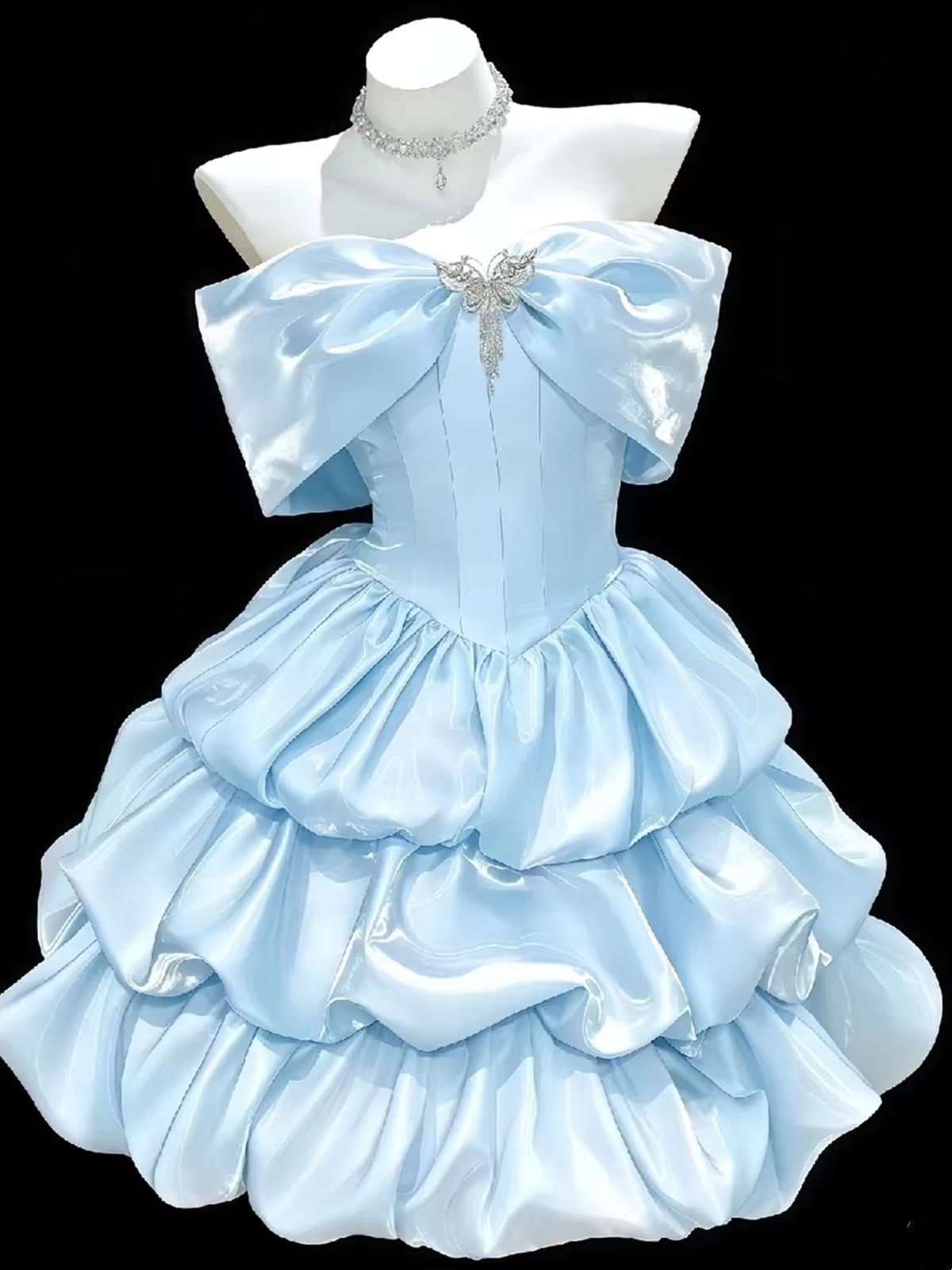 Cute Blue Off The Shoulder Satin Pleated Layered A Line Short Homecoming Dress Birthday Outfits SP3486