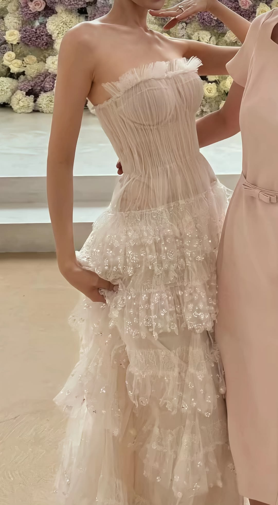 Pretty Strapless Tulle Sequin Layered Long Party Dress White Long Birthday Prom Dresses SP3988