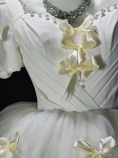 Cute White Tulle Satin Bow A Line Short 8th Grade Homecoming Dress Mini Prom Dress SP3189