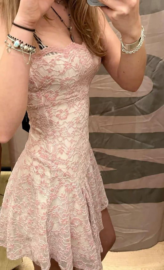 Pretty Pink Strapless Lace A Line Short 9th Grade Homecoming Dress Cocktail Dress SP2777