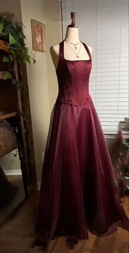 Vintage Burgundy Satin Beaded A Line Long Party Dress Prom Dresses SP2113