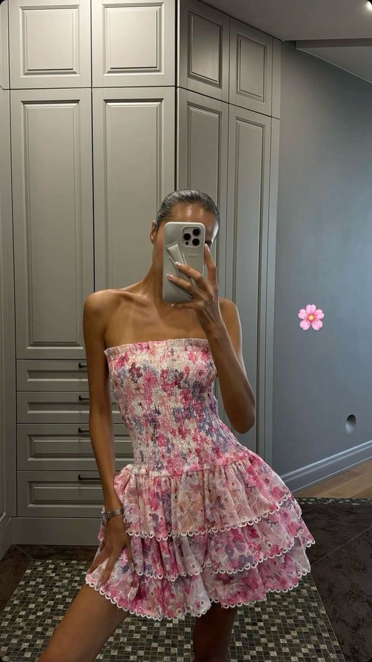 Chic Strapless Pink Print Floral A Line Homecoming Dress Mini Party Dress Y9037