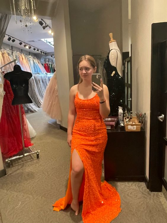 Sparkly Orange Prom Dresses Sleeveless Sequined Slit Evening Gown Y7012