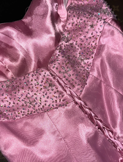 Charming Pink Strapless Satin Beaded Mermaid Evening Dress Birthday Prom Gown SP729