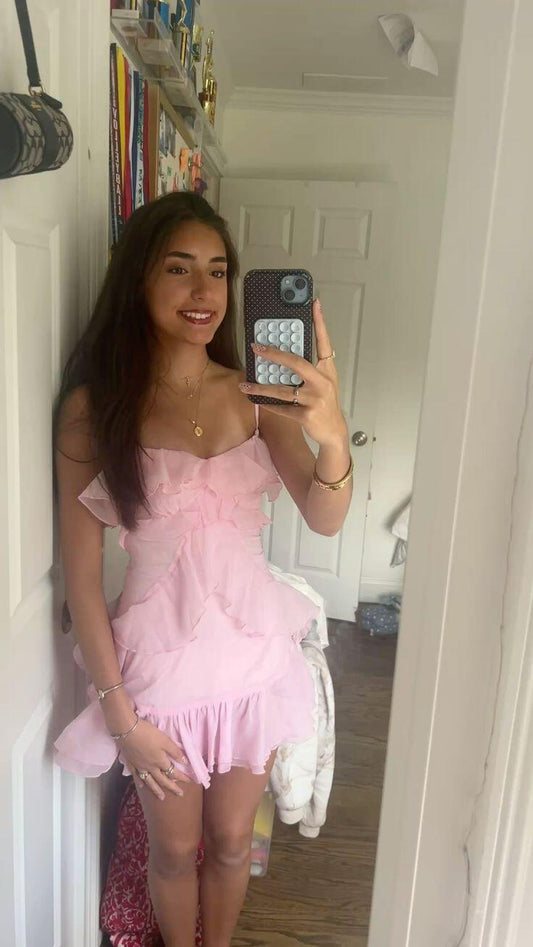 Cute Pink Spaghetti Straps Chiffon Ruffles Short Homecoming Dress Birthday Outfits SP2775