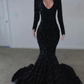 Black Sequins Long Sleeves Mermaid Evening Dress,Black Reception Dress Y5987