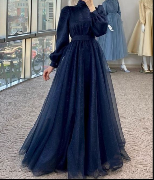 Modest A-line Navy Blue Tulle Long Sleeves Prom Dress,Muslim Dress  Y5848
