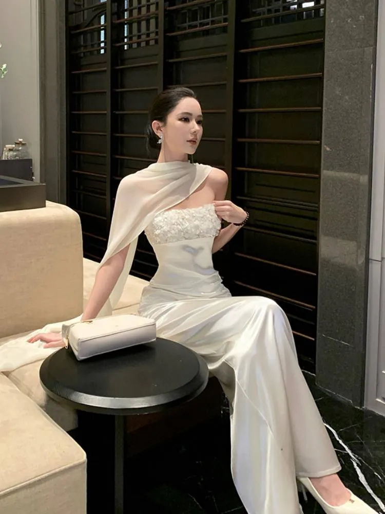 Elegant White Strapless Satin Floral Sheath Long Evening Dress Birthday Dress With Scarf SP2290