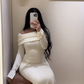 Chic Off-Shoulder Long Sleeves White Sheath Long Evening Dress Y5457