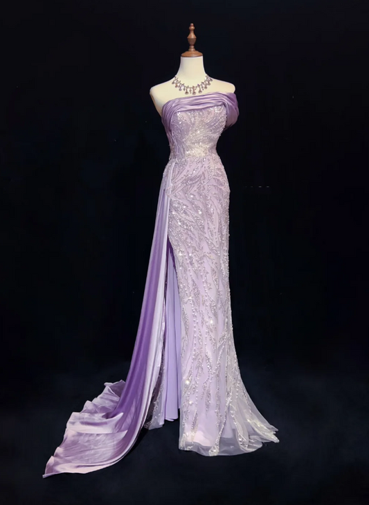 Glamorous  Strapless Lavender Tulle Satin Beaded Slit Mermaid Evening Dress Long Birthday Prom Gowns SP1965