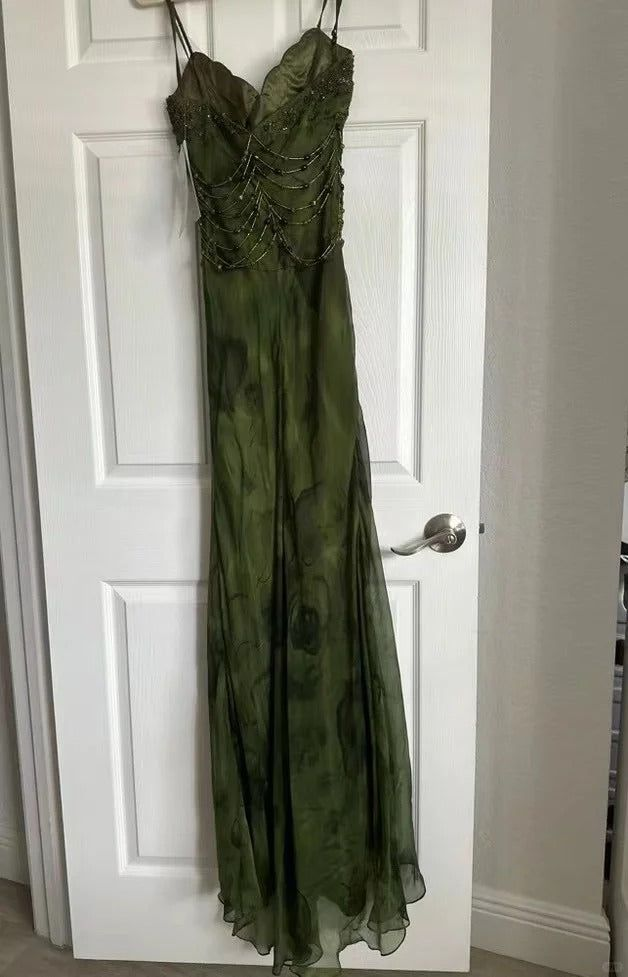Vintage Spaghetti Straps Green Chiffon Beaded Mermaid Slit Long Prom Dress Birthday Evening Gown SP1811