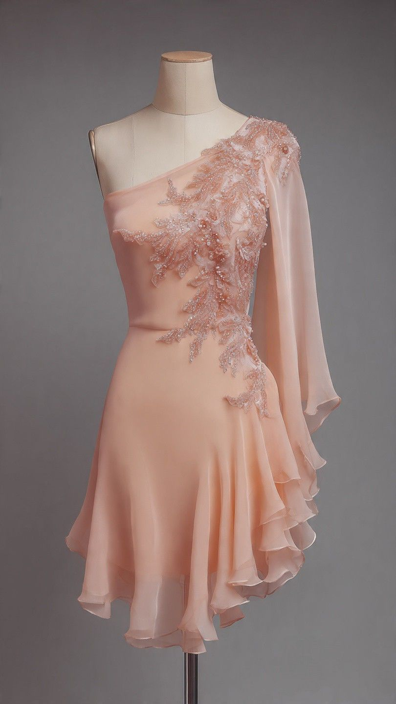 Fairy One Shoulder Blush Pink Chiffon Appliques A Line Short Homecoming Dress Birthday Dress SP3370