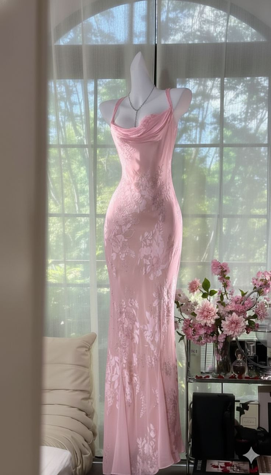 Pretty Spaghetti Straps Pink Chiffon Print Floral Mermaid Long Party Dress Formal Wedding Guest Dress SP1571