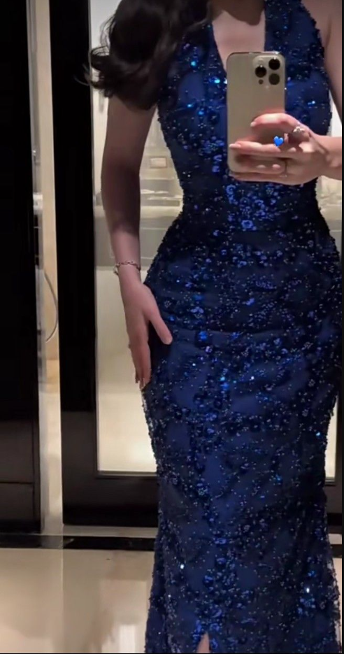 Glamorous Halter V Neck Blue Satin Sequin Beaded Mermaid Party Dress Long Birthday Prom Gown SP1232