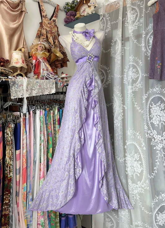 Pretty Lavender Halter V Neck Lace Satin Mermaid Long Birthday Prom Dress Party Gown SP1714