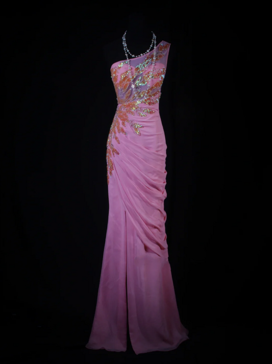 Elegant Pink One Shoulder Chiffon Sequin Beaded Mermaid Evening Dress Slit Long Birthday Prom Dress SP1692