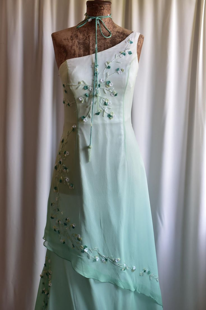 Chic One Shoulder Ombre Green Chiffon Beaded Mermaid Prom Dress Party Dress SP683