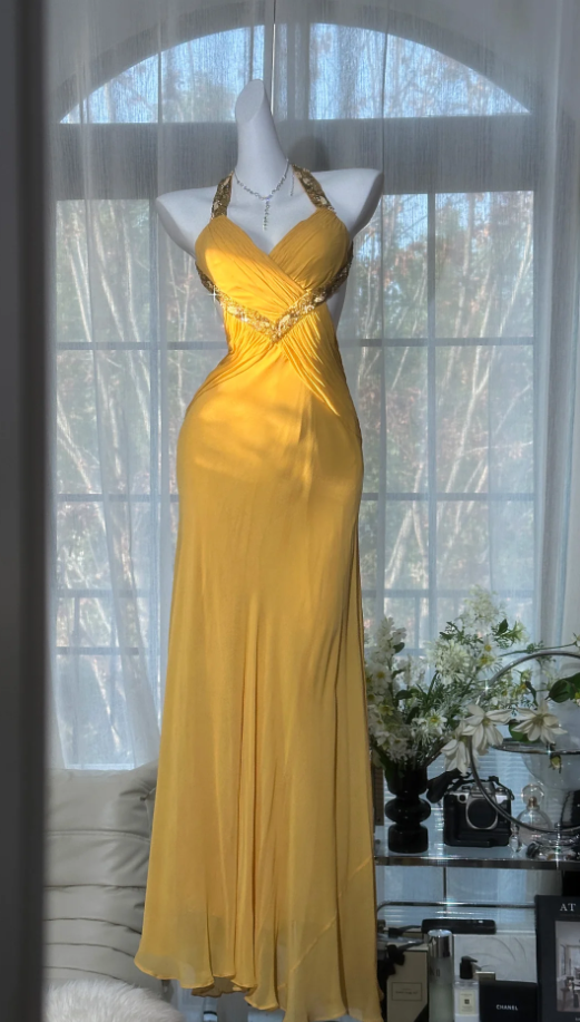 Sexy Lemon Yellow Halter Chiffon Beaded Mermaid Evening Dress Backless Long Prom Dress SP1665