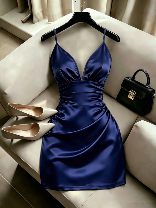 Simple V Neck Blue Satin Sheath Short Graduation Homecoming Dress Spaghetti Strap Cocktail Dress SP2719
