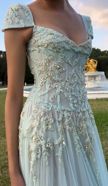 Gorgeous V Neck Baby Blue Tulle Sequin Beaded Mermaid Evening Dress Long Birthday Prom Gown SP1143