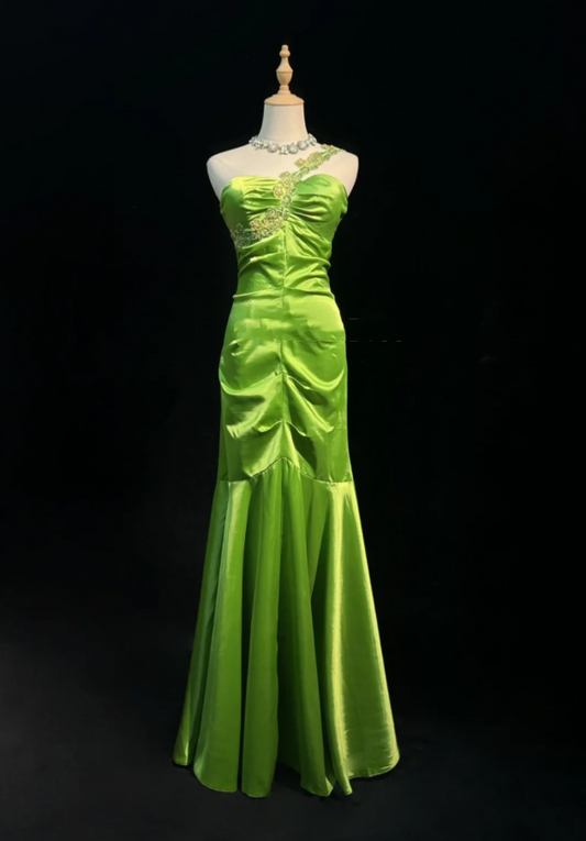 Pretty Green One Shoulder Satin Beaded Mermaid Evening Dress Long Wedding Guest Dress SP1972