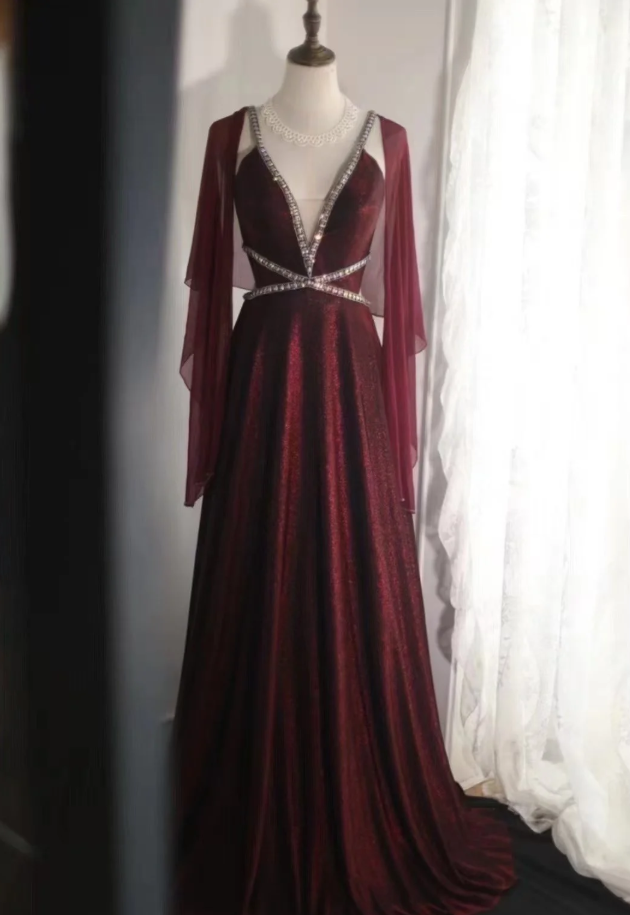 Sexy Burgundy Satin Beaded Backless Long Evening Dress Prom Gown SP848