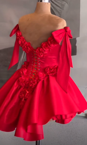 Fashion Bow Straps Satin A Line Mini Cocktail Dress,Red Short Homecoming Dress With 3D Florals SP3197