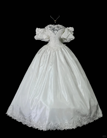 Vintage Off The Shoulder White Satin Lace Long Wedding Dress Bridal Gown SP4040
