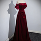 Wine Red Velvet Off Shoulder A-line Long Party Dress, Floor Length Prom Dress Y6605