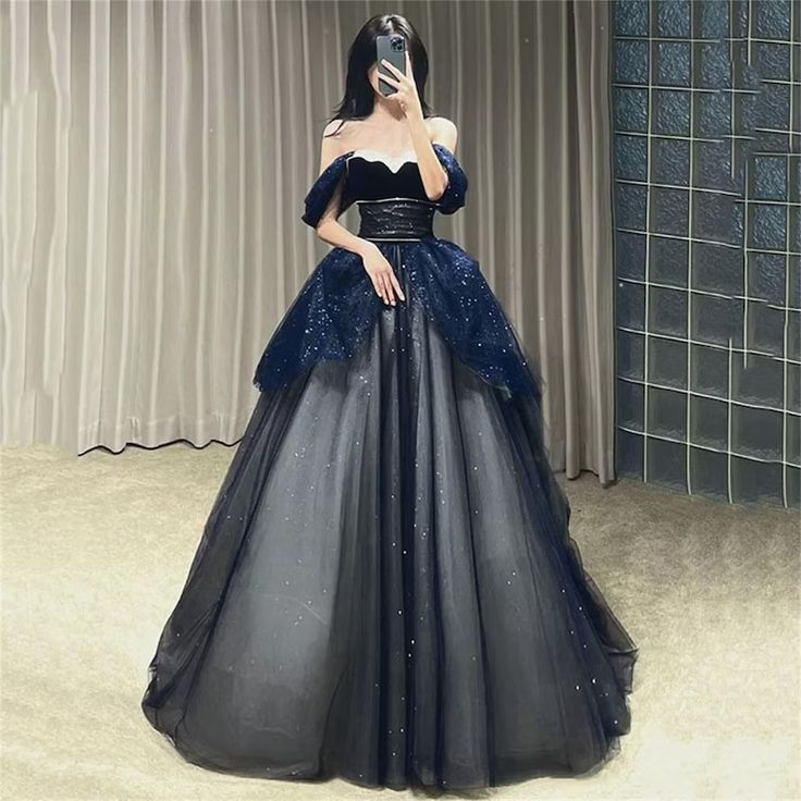 Gothic Glitter Blue Princess Tulle Prom Dress, Blue Long Evening Prom Dress, Fairy Dresses, Cottagecore Dress, Princess Gown Y5611